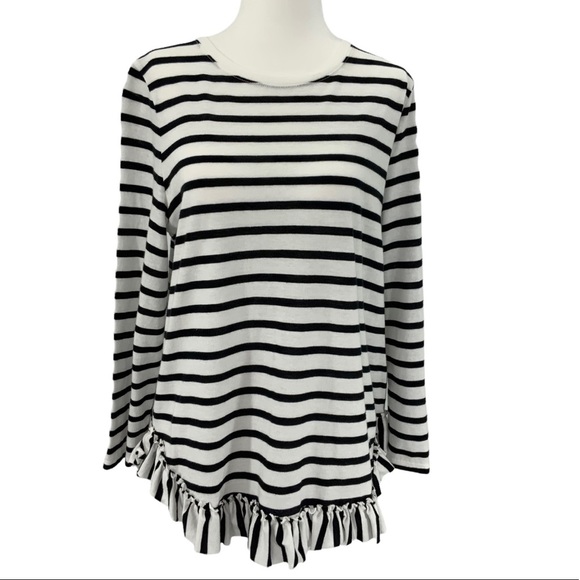 Kate Spade Broome Street Black and White Stripe Long Sleeve Ruffle Tee B10 - Picture 2 of 8